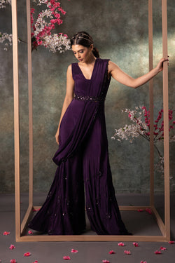 Purple Jumpsuit, Drape And Belt Set With Embroidery