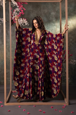 Purple Printed Kaftan Jumpsuit With Embroidery