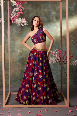 Purple Printed Panel Top And Lehenga Set With Embroidery