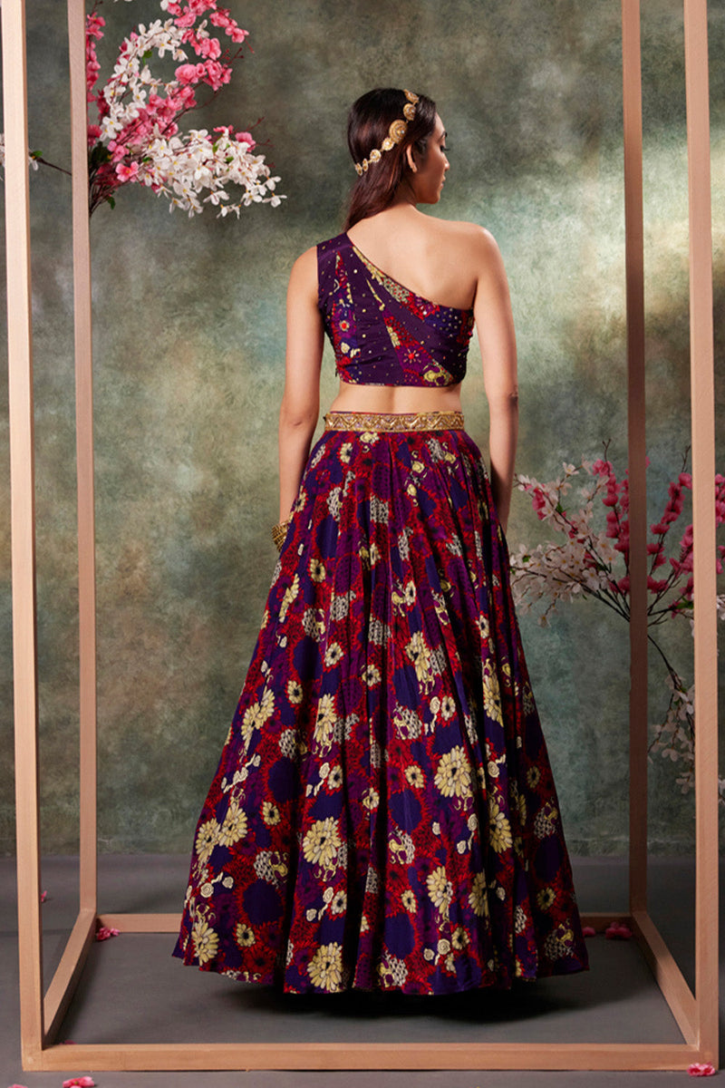 Purple Printed Panel Top And Lehenga Set With Embroidery