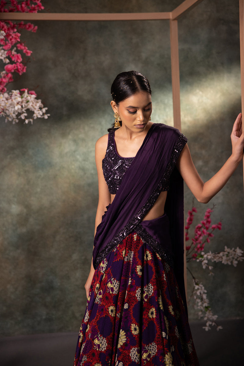 Purple Choli, Lehenga And Dupatta Set With Embroidery