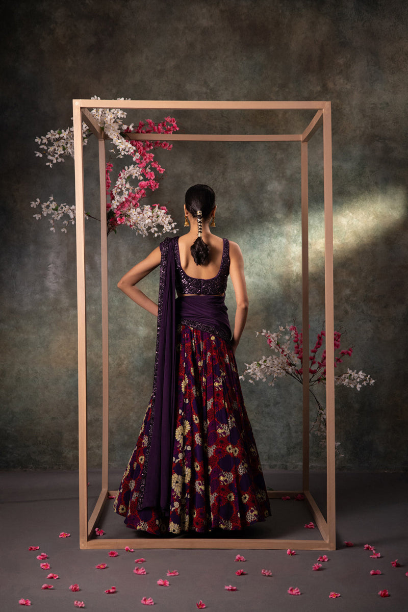 Purple Choli, Lehenga And Dupatta Set With Embroidery