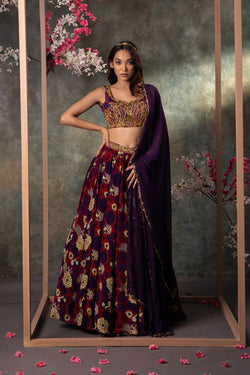 Purple Printed Choli, Lehenga And Dupatta Set With Embroidery