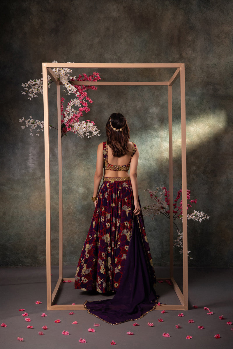 Purple Printed Choli, Lehenga And Dupatta Set With Embroidery