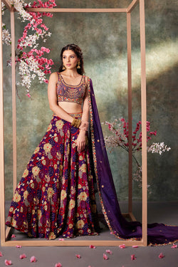 Purple Printed Choli, Lehenga And Dupatta Set With Embroidery