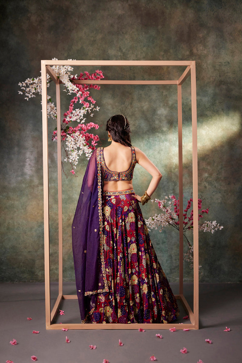 Purple Printed Choli, Lehenga And Dupatta Set With Embroidery