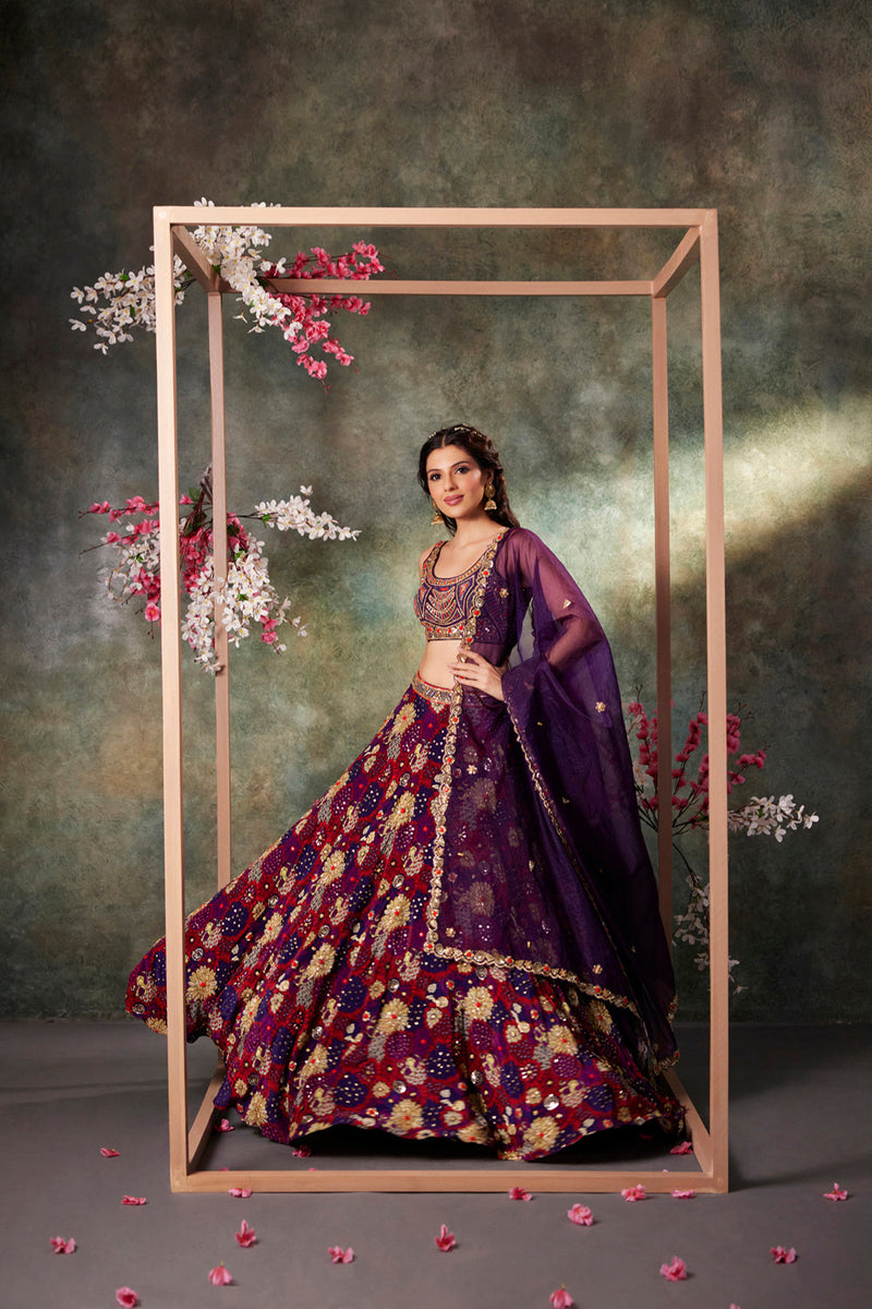 Purple Printed Choli, Lehenga And Dupatta Set With Embroidery