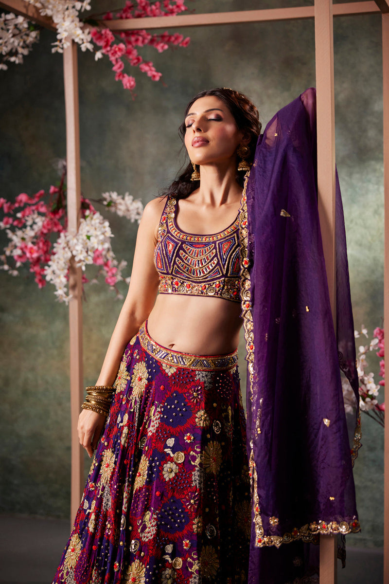 Purple Printed Choli, Lehenga And Dupatta Set With Embroidery