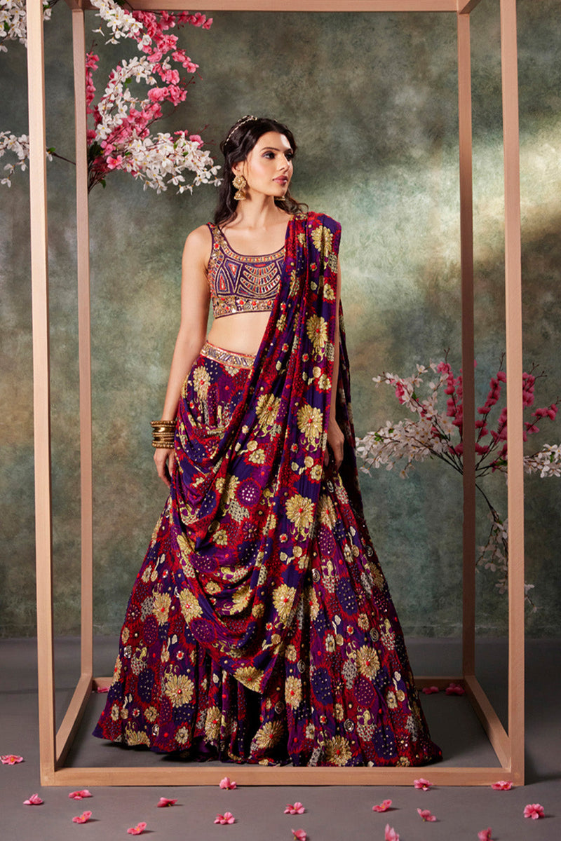 Purple Printed Choli, Lehenga And Dupatta Set With Embroidery