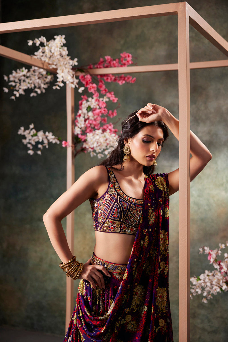 Purple Printed Choli, Lehenga And Dupatta Set With Embroidery