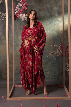 Pink Printed Kaftan With Embroidery