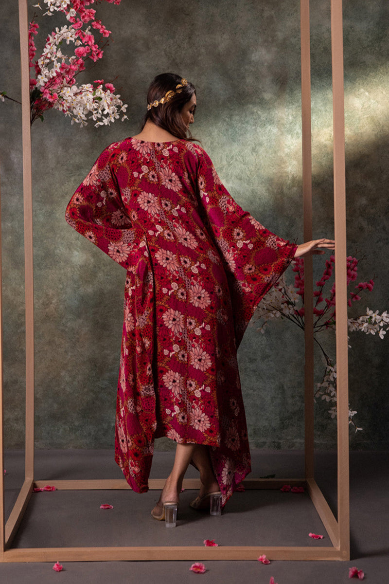 Pink Printed Kaftan With Embroidery