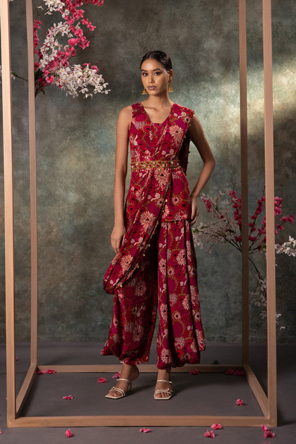 Pink Printed Top, Draped Pants, Drape And Belt Set With Embroidery