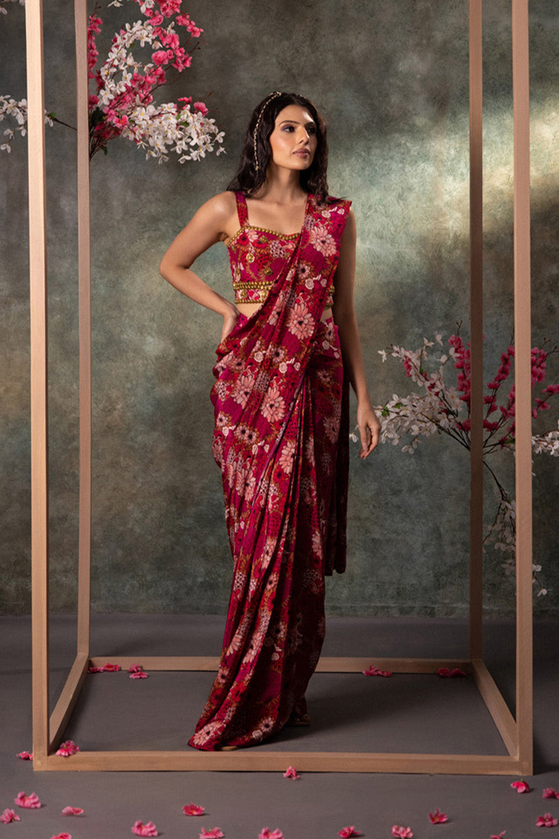 Pink Printed Saree Set With Embroidery