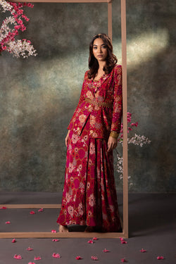 Pink Printed Choli, Skirt, Blazer And Belt Set With Embroidery