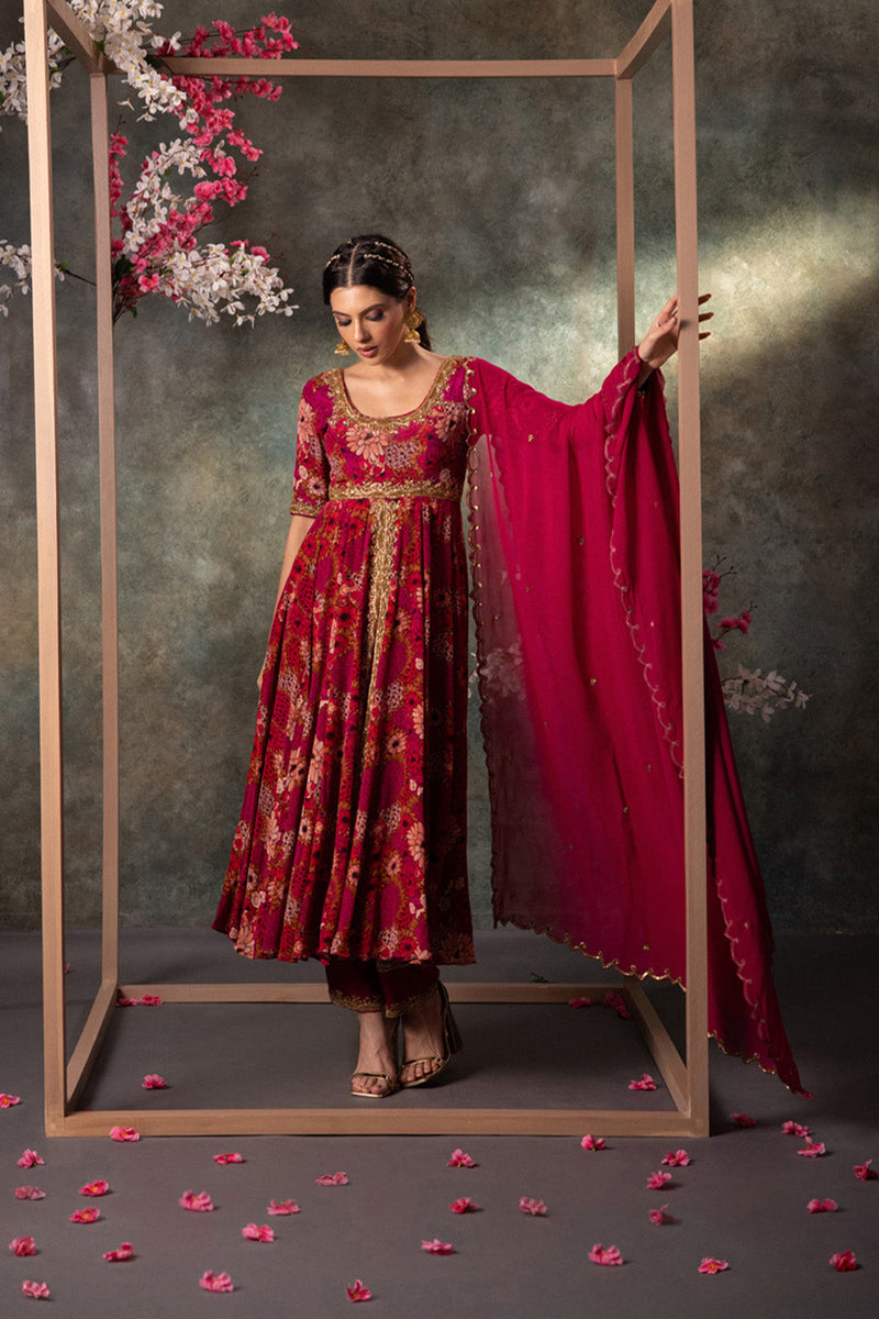 Pink Printed Anarkali, Pants And Dupatta Set With Embroidery