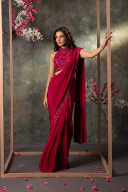 Pink Pre Draped Saree Set With Embroidery