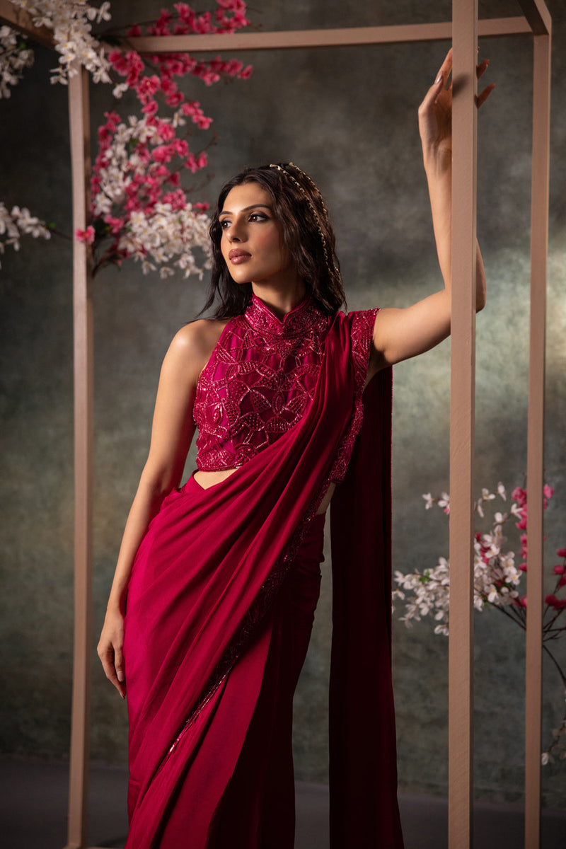 Pink Pre Draped Saree Set With Embroidery