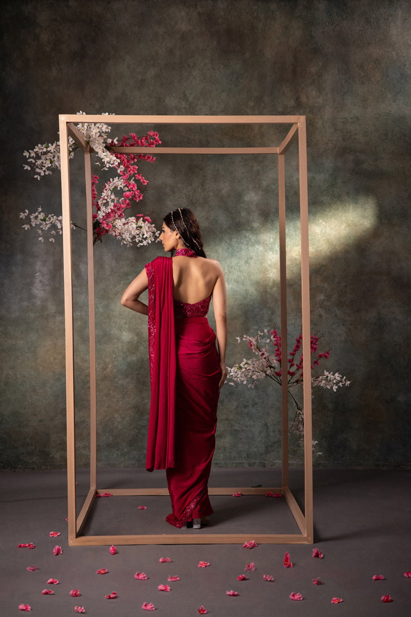 Pink Pre Draped Saree Set With Embroidery