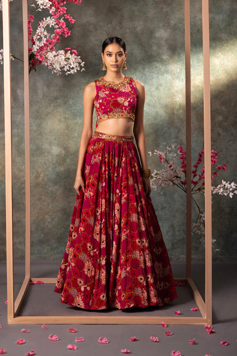 Pink Printed Backless Top And Lehenga Set With Embroidery