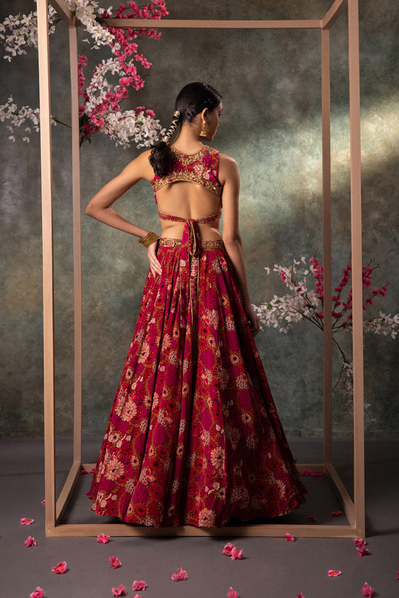 Pink Printed Backless Top And Lehenga Set With Embroidery