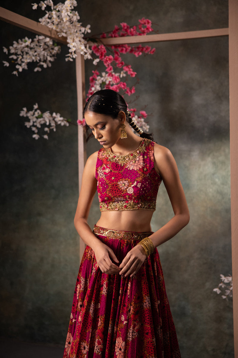 Pink Printed Backless Top And Lehenga Set With Embroidery