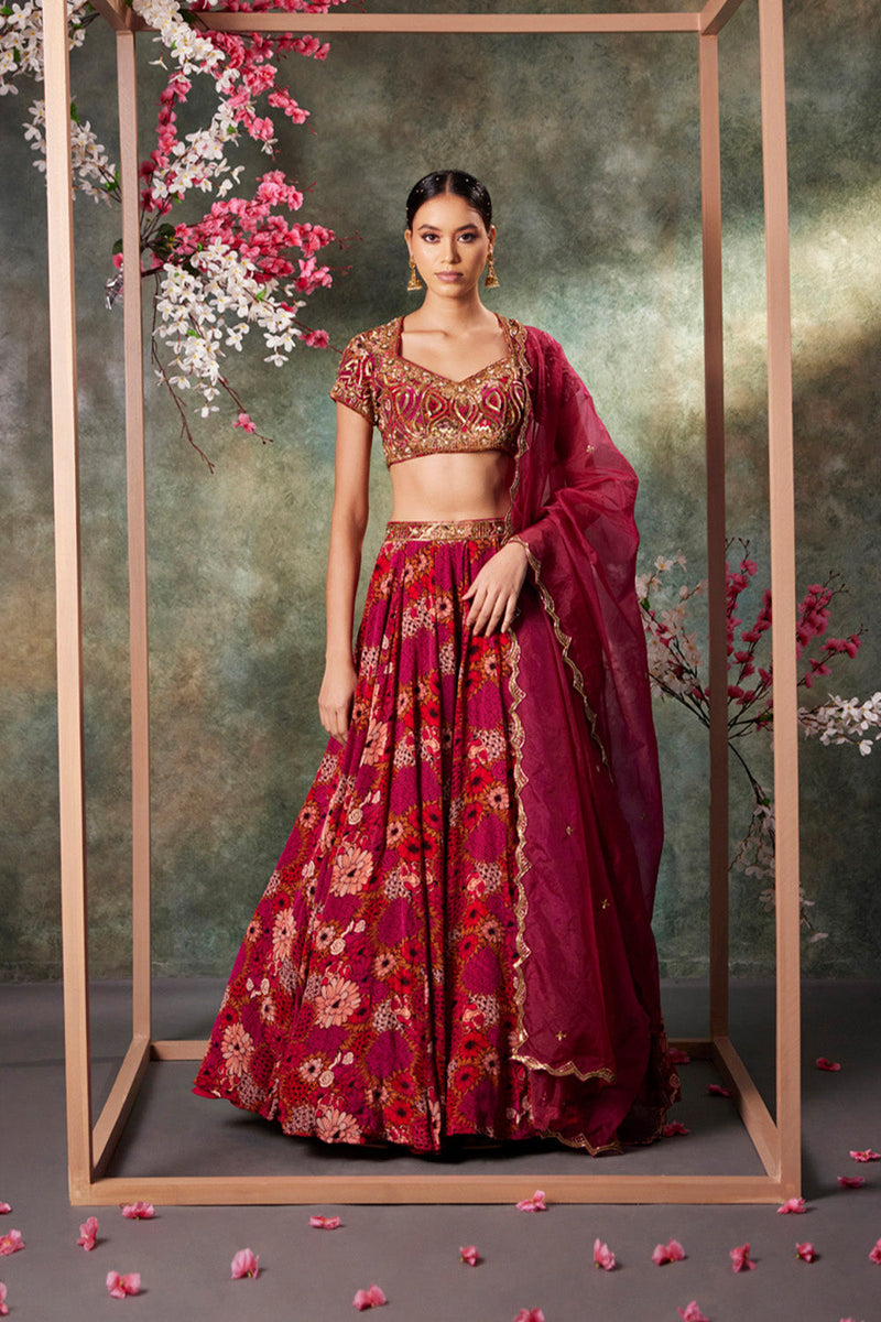 Pink Printed Choli, Lehenga And Dupatta Set With Embroidery