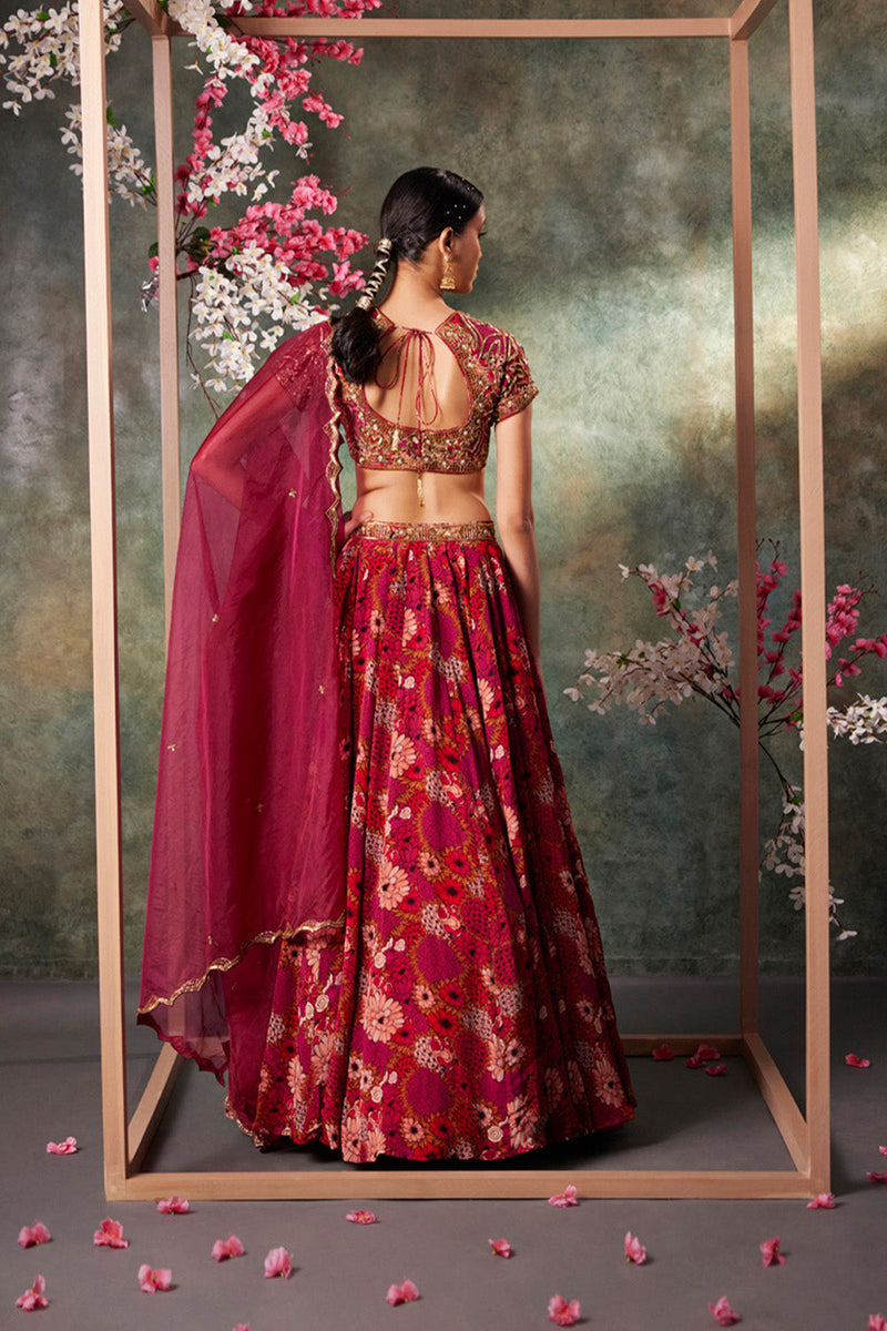 Pink Printed Choli, Lehenga And Dupatta Set With Embroidery