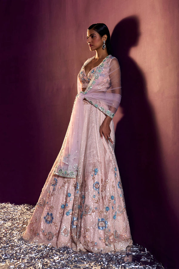 Peach Net Lehenga Set