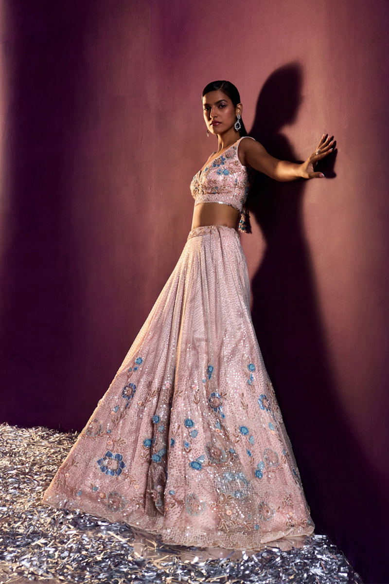 Peach Net Lehenga Set