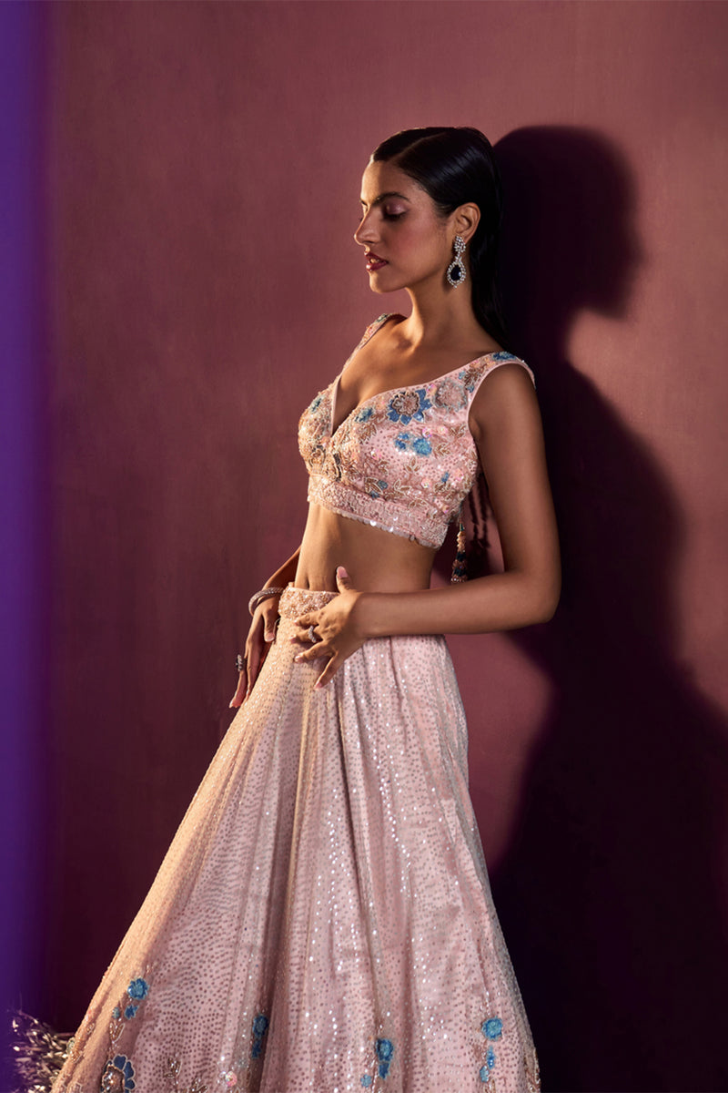 Peach Net Lehenga Set