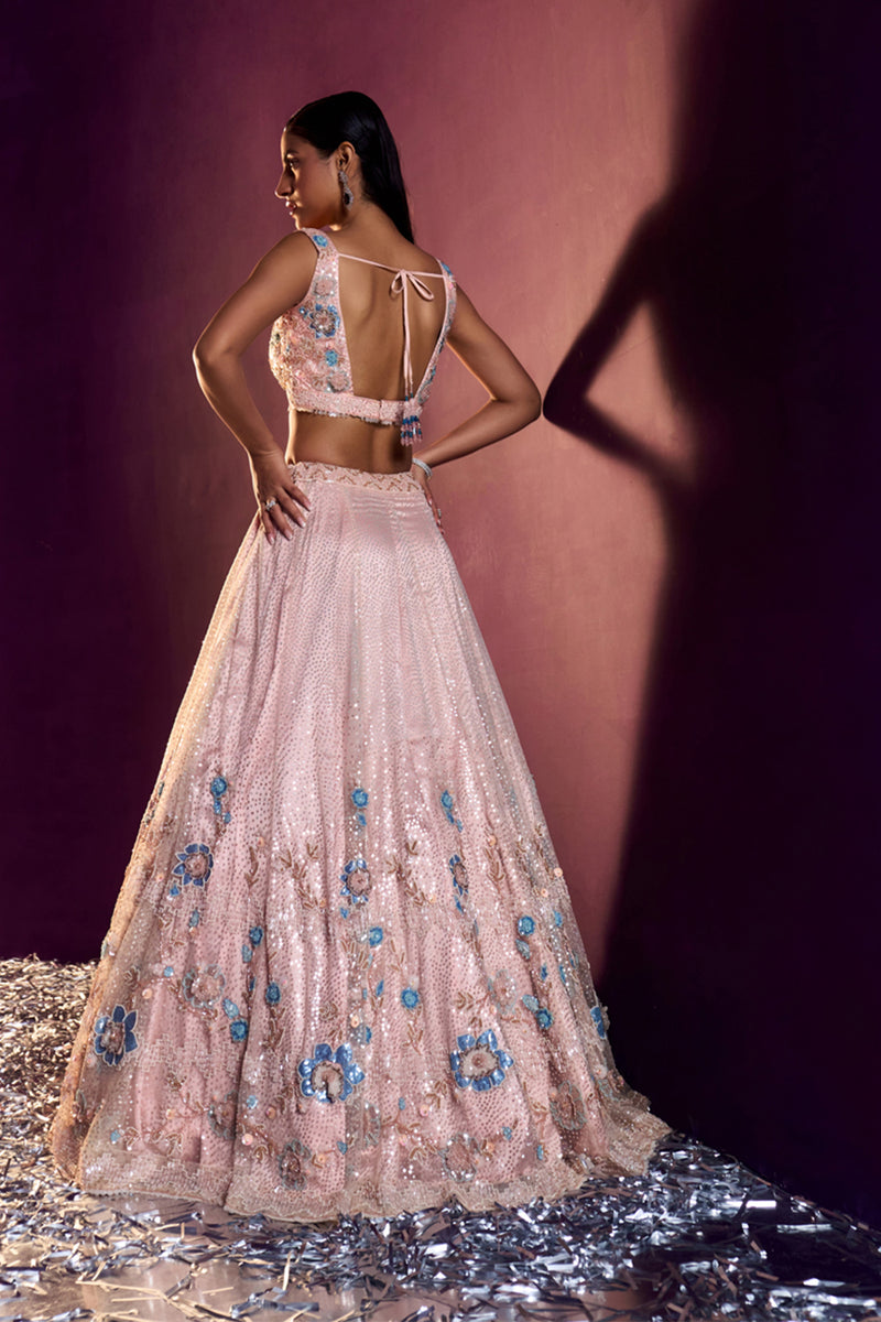 Peach Net Lehenga Set