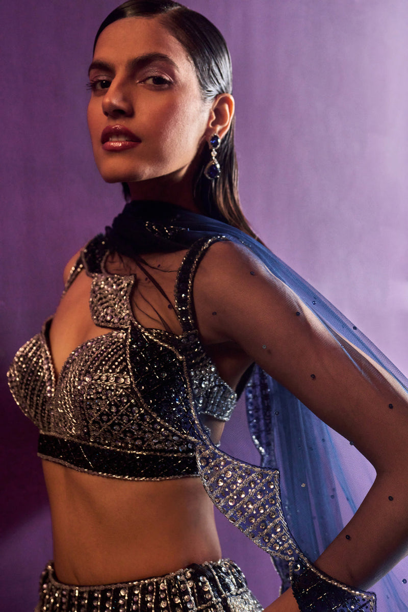 Midnight Blue Net Lehenga Set