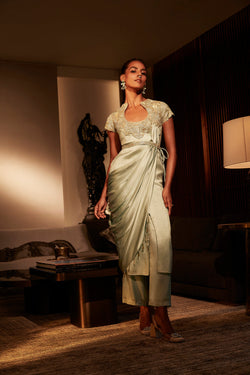 Frosted Mint Silk Drape Top With Alluring Keyhole Neckline And Silk Pants