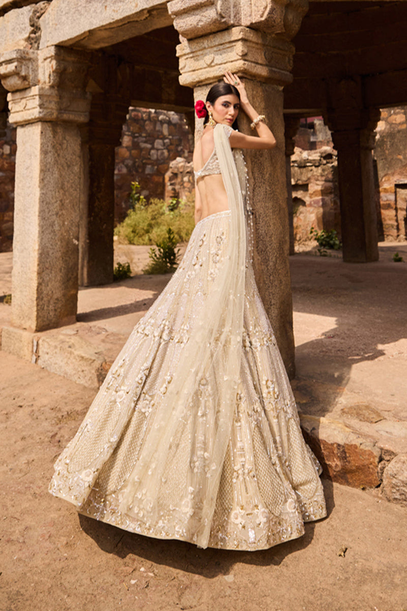 "Gaia" Golden & Ivory Resham Hand Embroidered  Lehengas