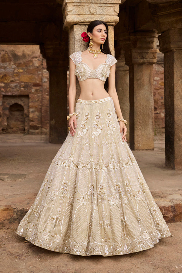 "Gaia" Golden & Ivory Resham Hand Embroidered  Lehengas