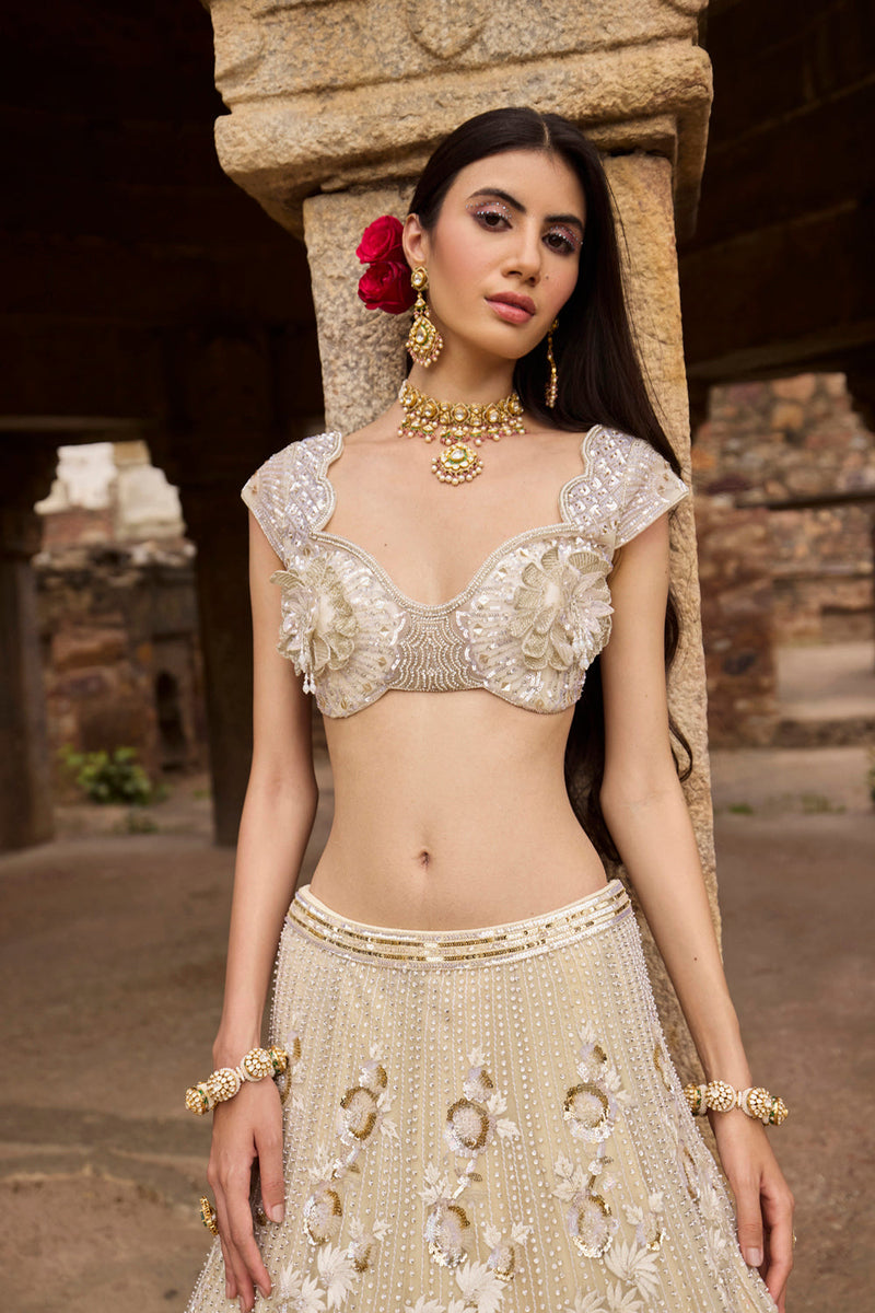 "Gaia" Golden & Ivory Resham Hand Embroidered  Lehengas