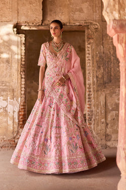 "Gaurika" Pink Zardosi & Resham Hand Embroidered Bridal Lehenga Set