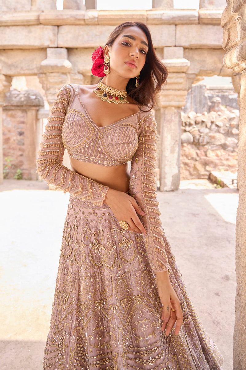 "Haydee" Mauve Crystal & Sequin Embellished Bridal  Lehengas