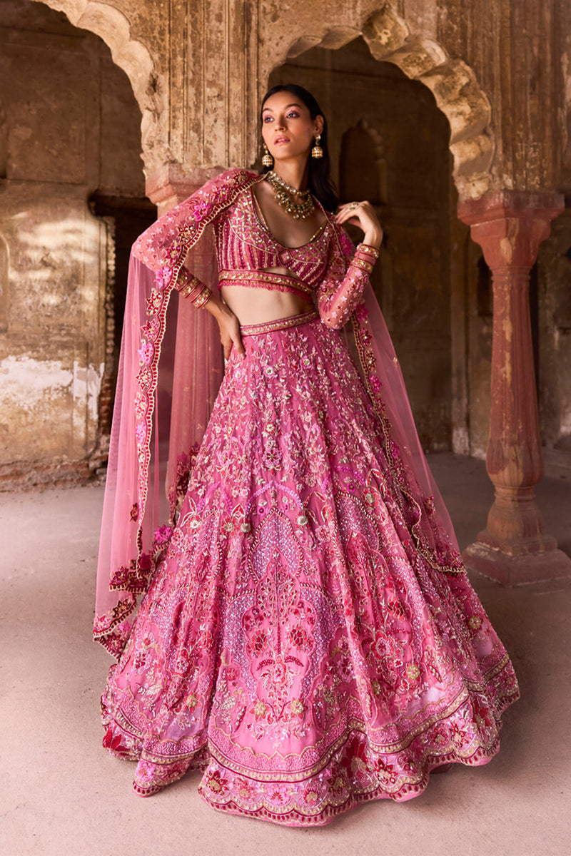 "Ilianna" Pink And Red Floral Hand Embroidered Organza  Lehengas