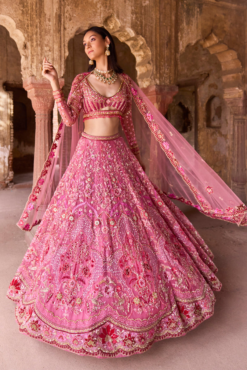 "Ilianna" Pink And Red Floral Hand Embroidered Organza  Lehengas