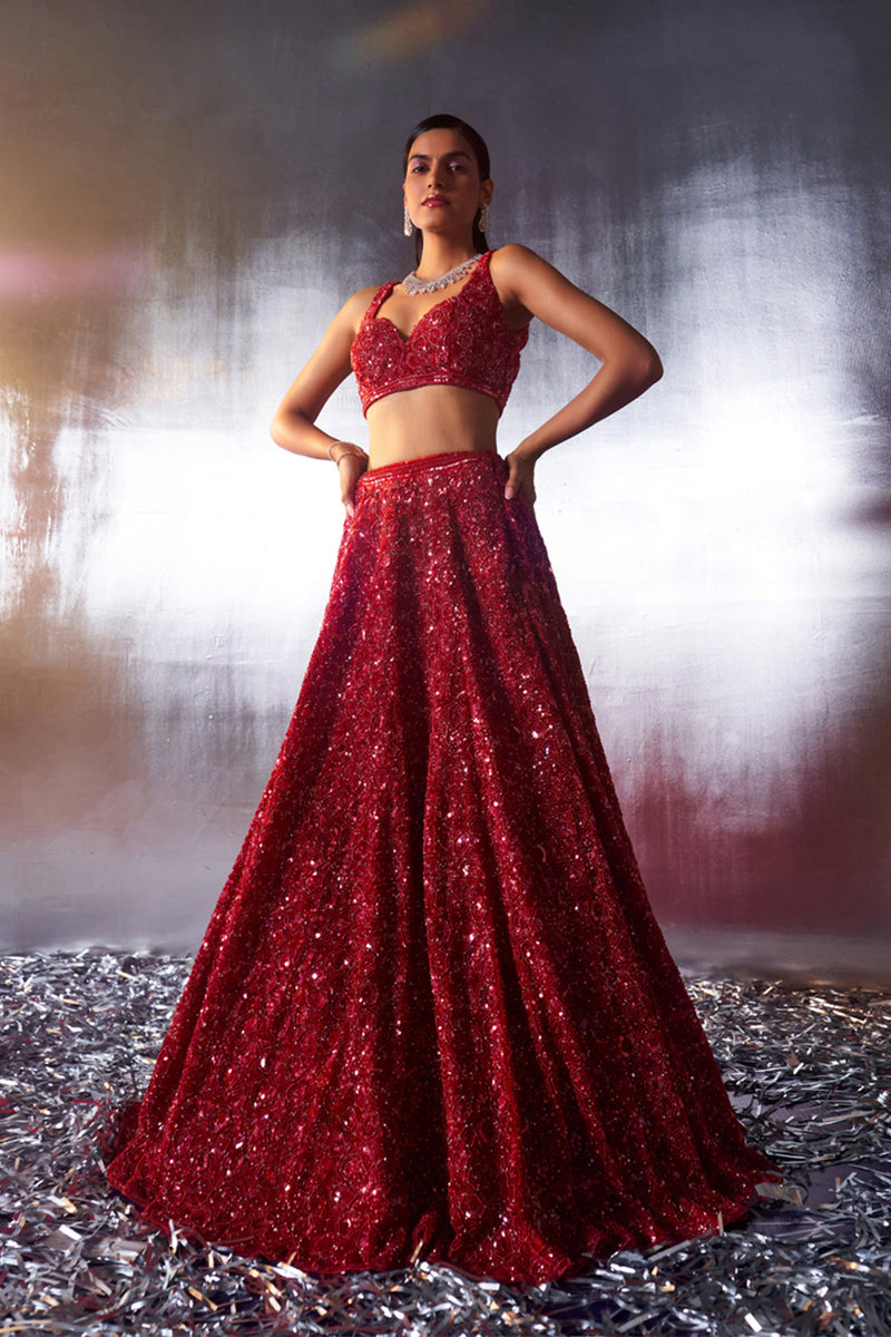 Red Net Lehenga Set