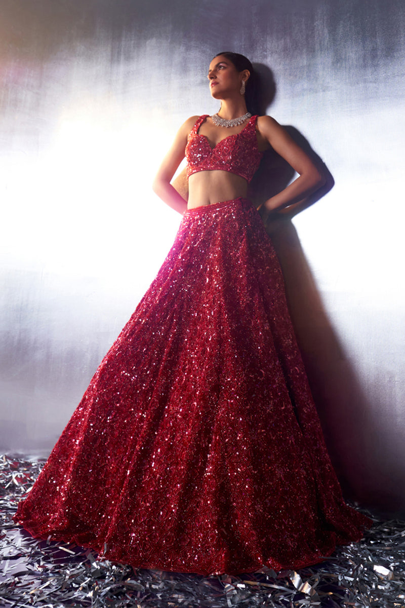 Red Net Lehenga Set