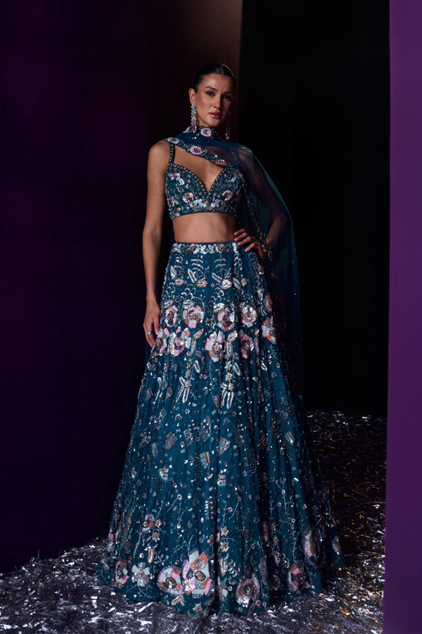 Peacock Blue Net Lehenga Set