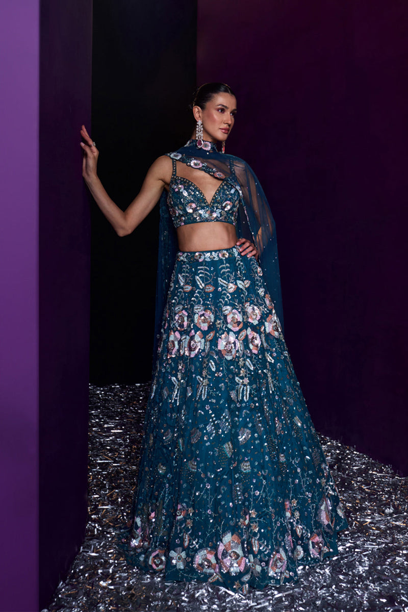 Peacock Blue Net Lehenga Set