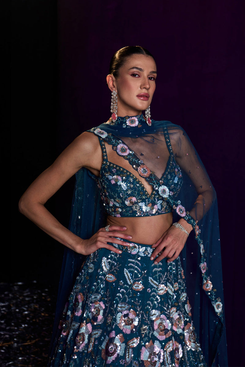 Peacock Blue Net Lehenga Set