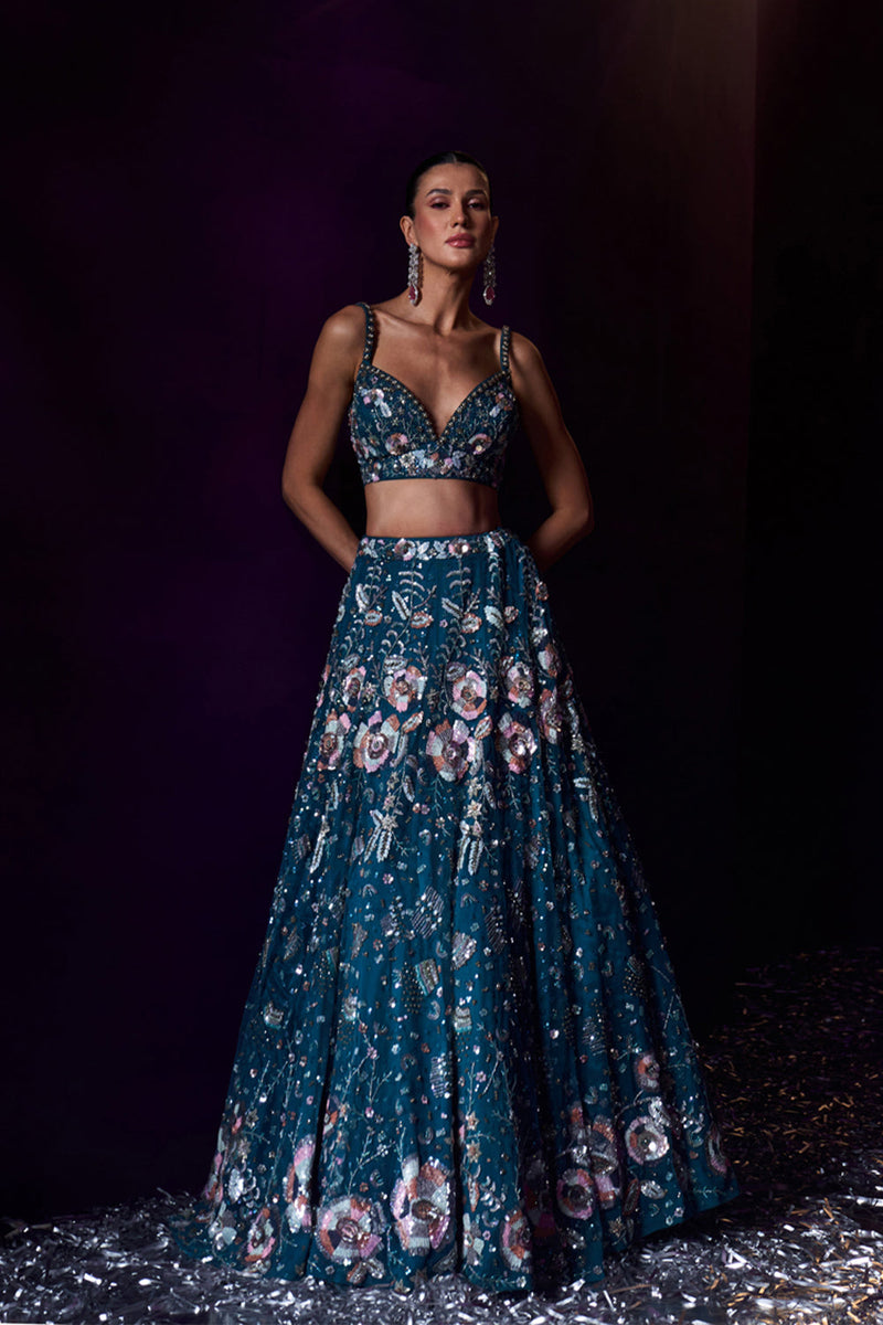 Peacock Blue Net Lehenga Set