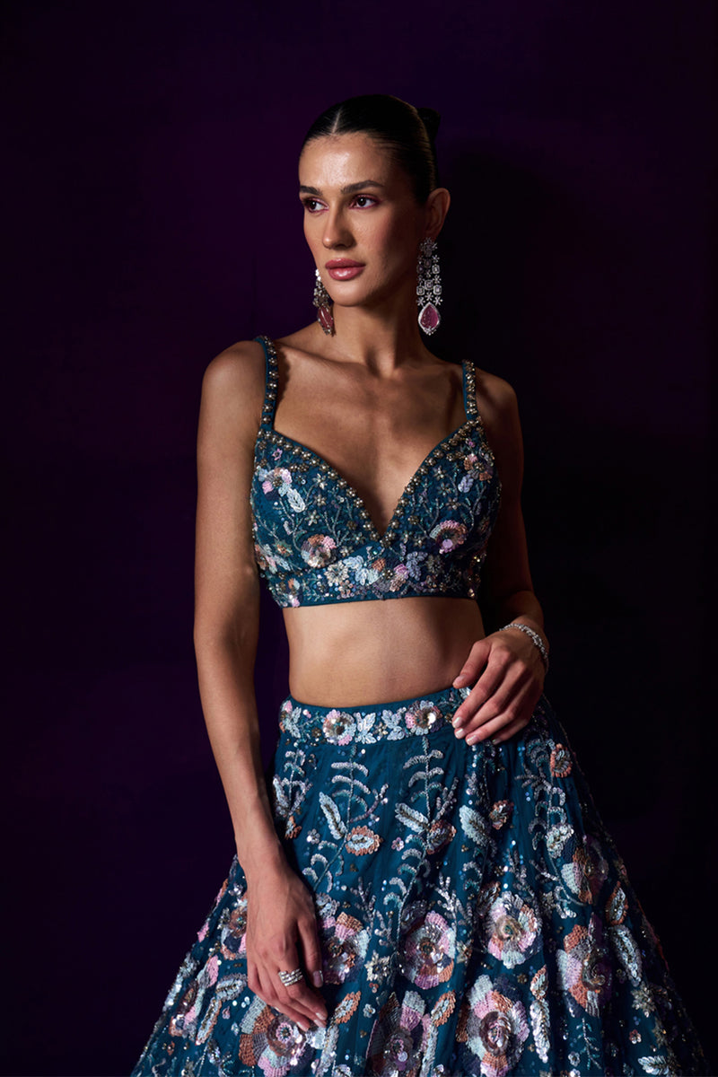 Peacock Blue Net Lehenga Set