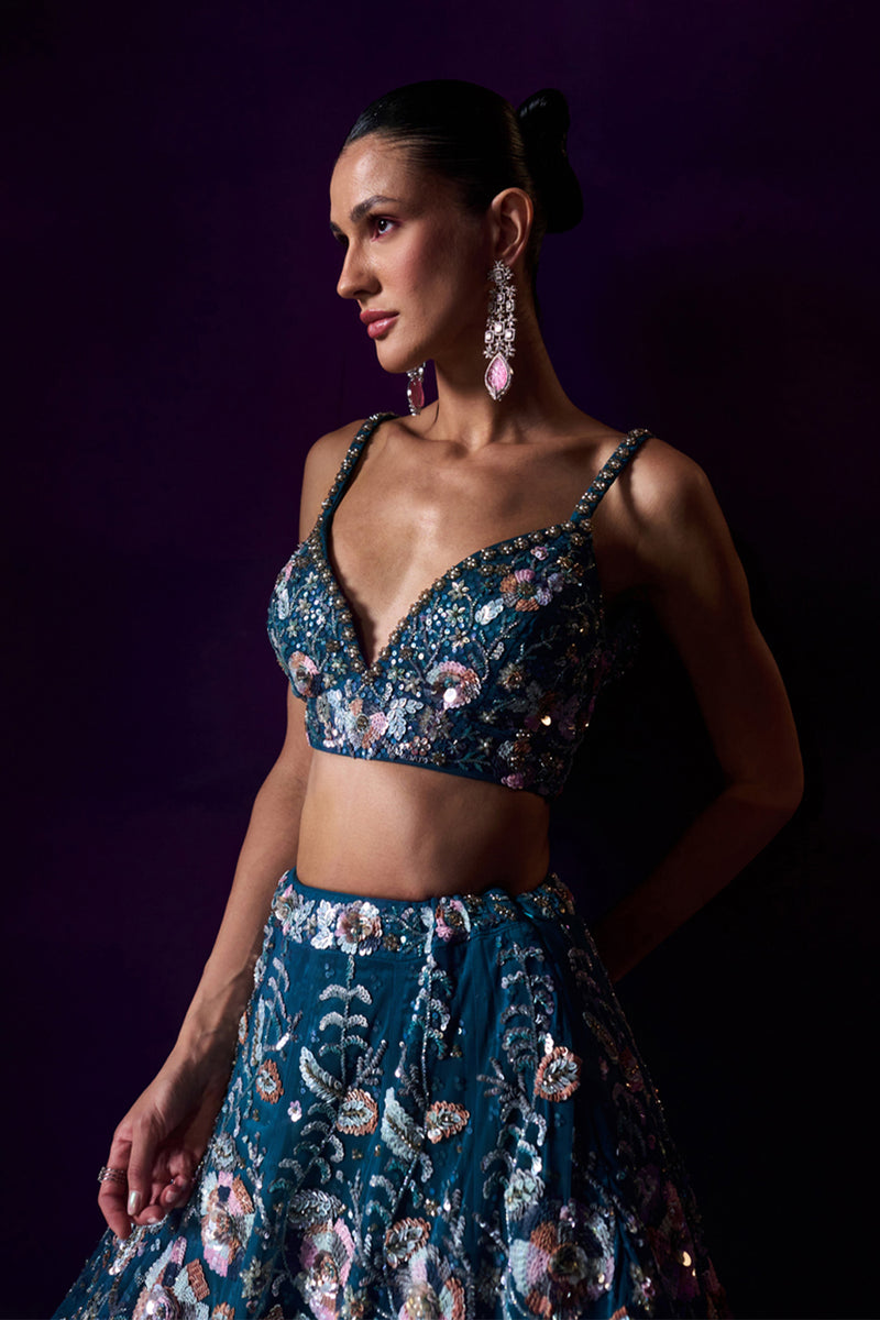 Peacock Blue Net Lehenga Set