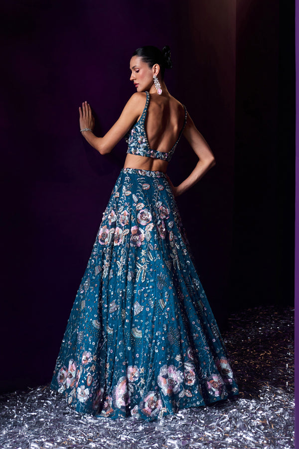 Peacock Blue Net Lehenga Set